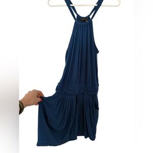 BCBGMaxAzria Royal Blue Halter Mini Dress – Ruched Waist, Draped Front, Pockets